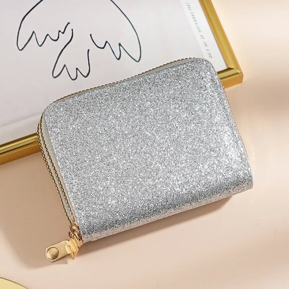 $5 ADD ON ITEM Silver Glitter Zip Wallet Double Sparkly Card Holder Clutch Purse - Picture 4 of 8